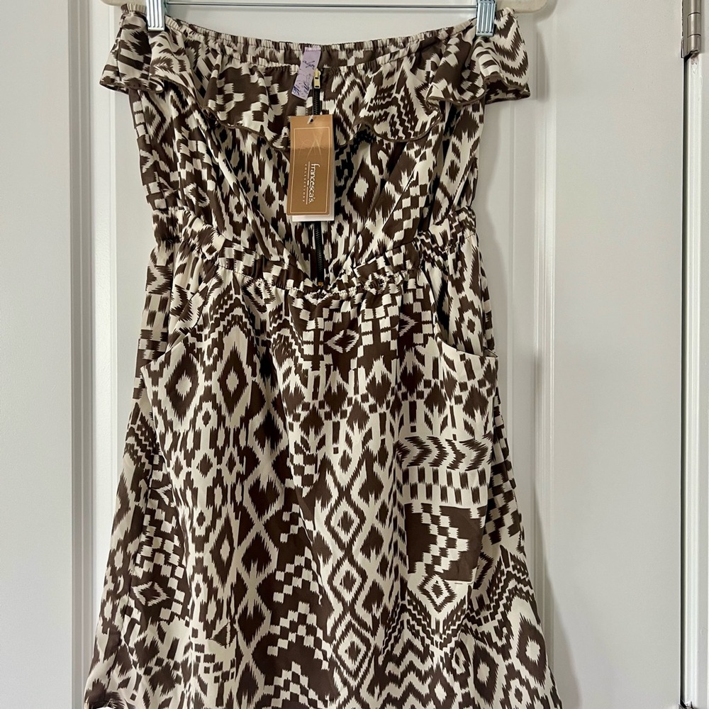 Francesca's Collections Brown and White Smocked Strapless Sundress